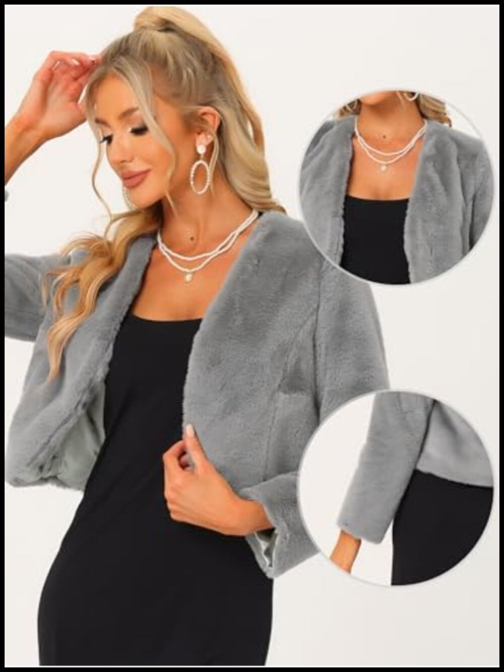 Faux Fur Cropped Jacket Long Sleeve Open Front Wedding Bolero with Pockets - Picture 2 of 6